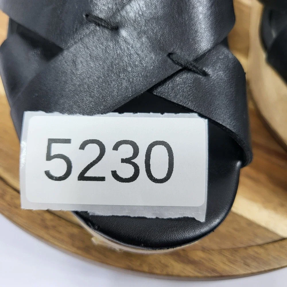 Rebecca Minkoff Black Leather Wood Platform‎ Block Heel Sandals Womens 9M